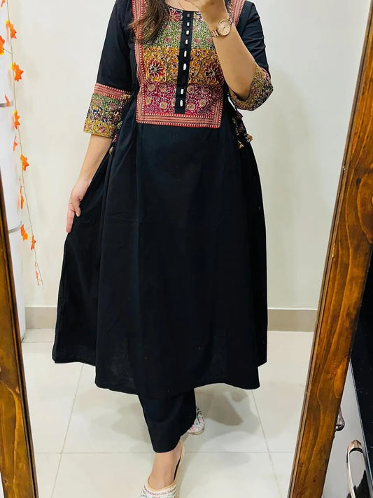 Women’s Black Embroidered Cotton Anarkali Kurta Pant Set
