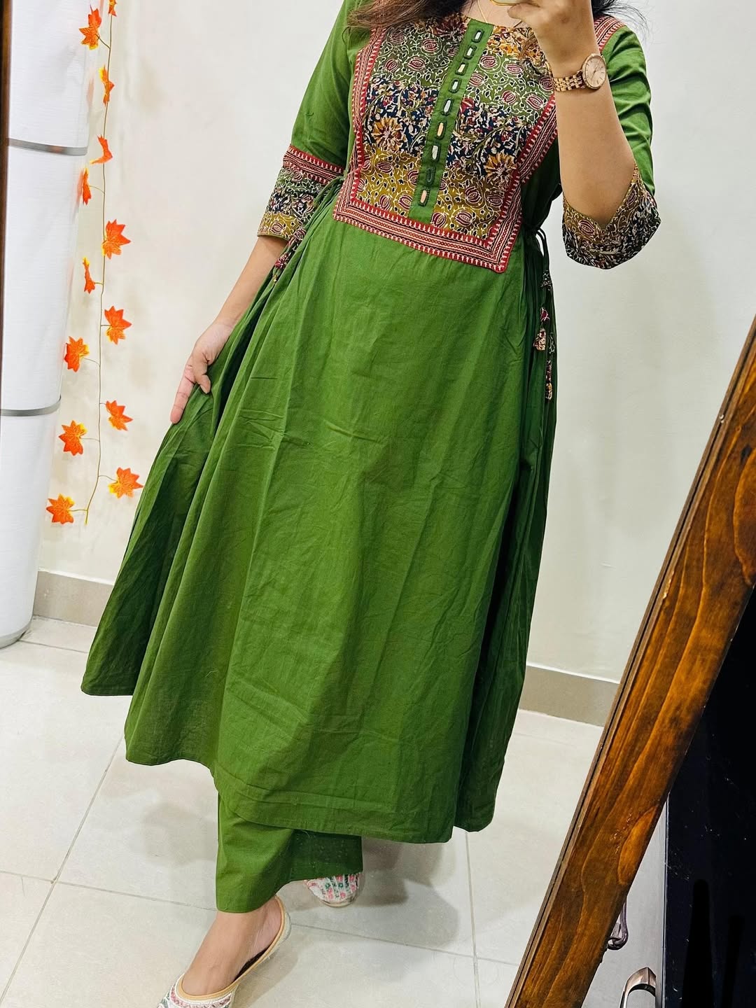 Women’s Olive Green Embroidered Cotton Anarkali Kurta Pant Set