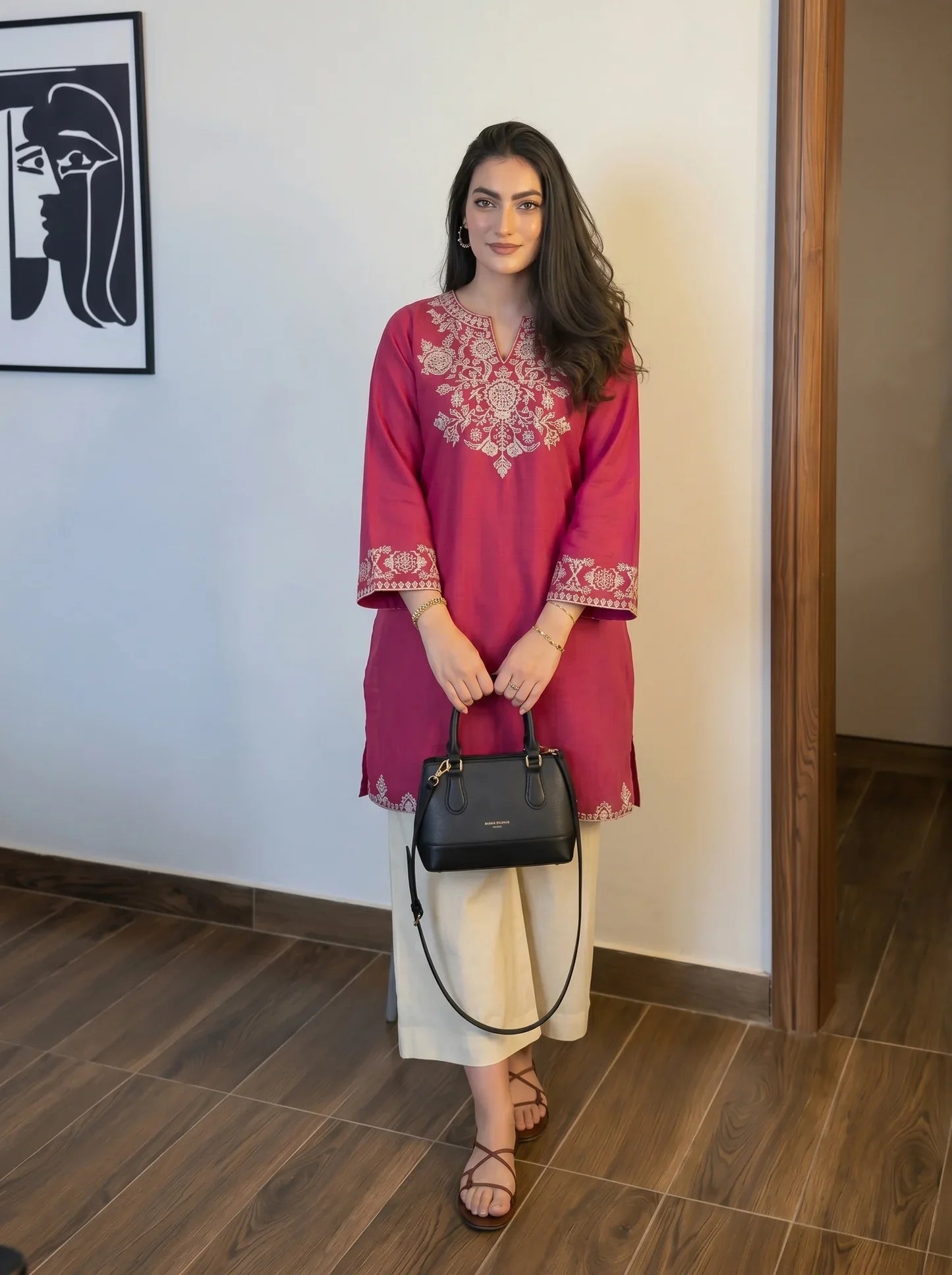 Pink Cotton Embroidered Kurta Set with Palazzo Pants