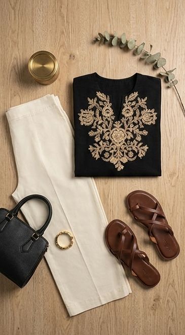 Black Embroidered Cotton Kurta Set With Palazzo Pants for Women