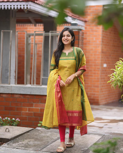 Elegant Kanchi Cotton Suit With Jacquard Dupatta