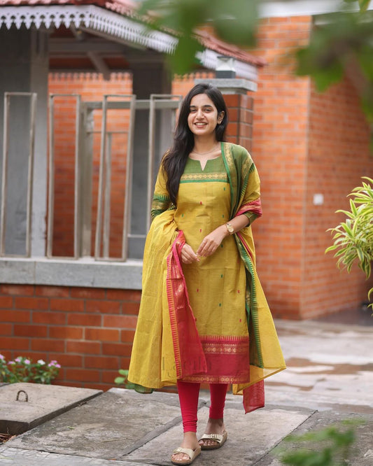Elegant Kanchi Cotton Suit With Jacquard Dupatta