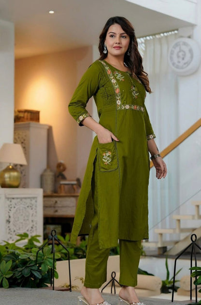 Elegant olive green cotton embroidery kurta set with dupatta