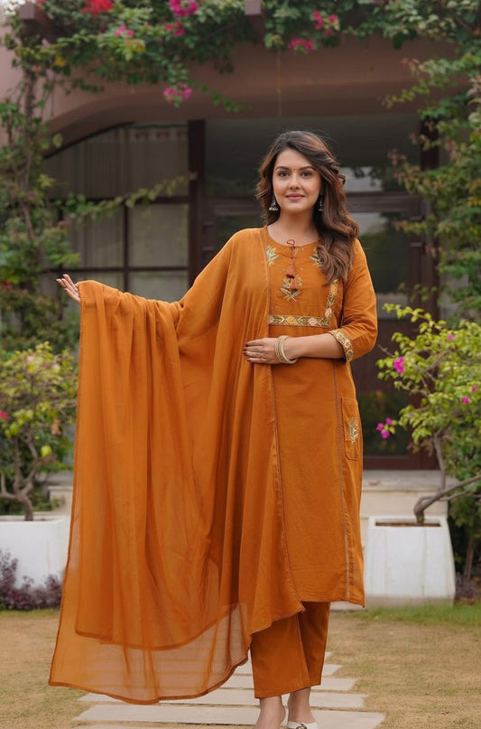 Elegant rust cotton embroidery dupatta set