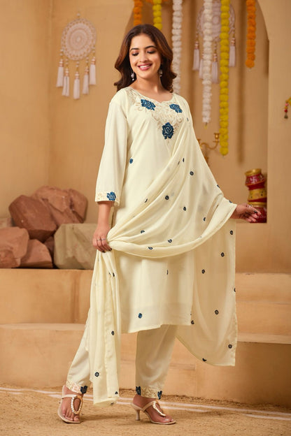 Women's Floral Embroidered Straight Cambric Cotton Kurta Set