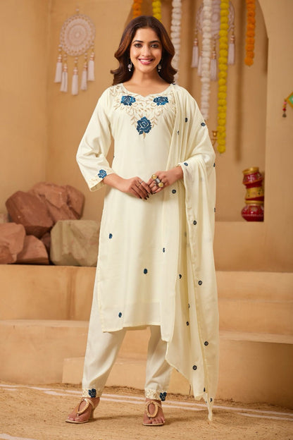 Women's Floral Embroidered Straight Cambric Cotton Kurta Set