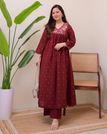 Maroon Muse Thread Embroidered Pure Cotton Kurta Set