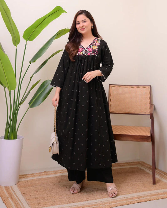 Black Current Thread Embroidered Pure Cotton Kurta Set