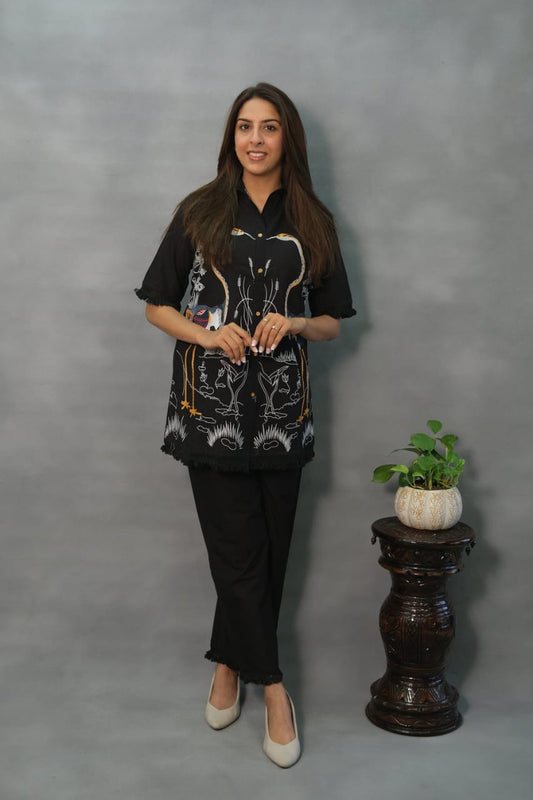 Premium Black Embroidered Cotton Top with Pants