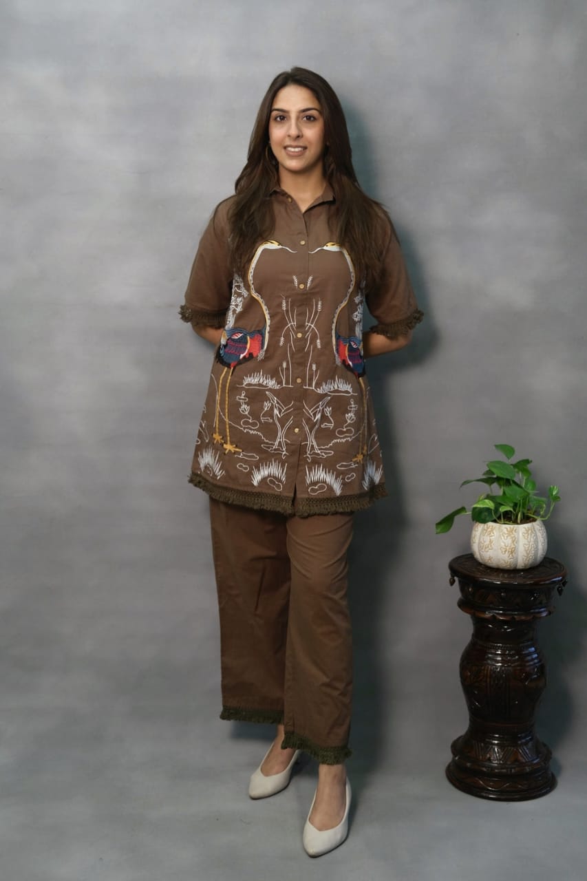 Premium Mocha Embroidered Cotton Top with Pants