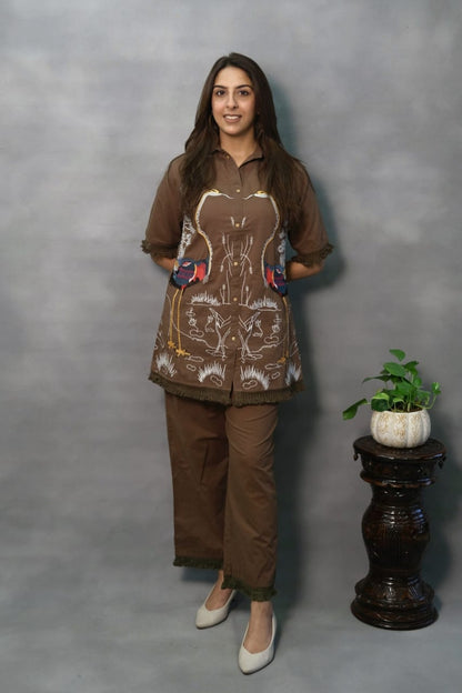 Premium Mocha Embroidered Cotton Top with Pants