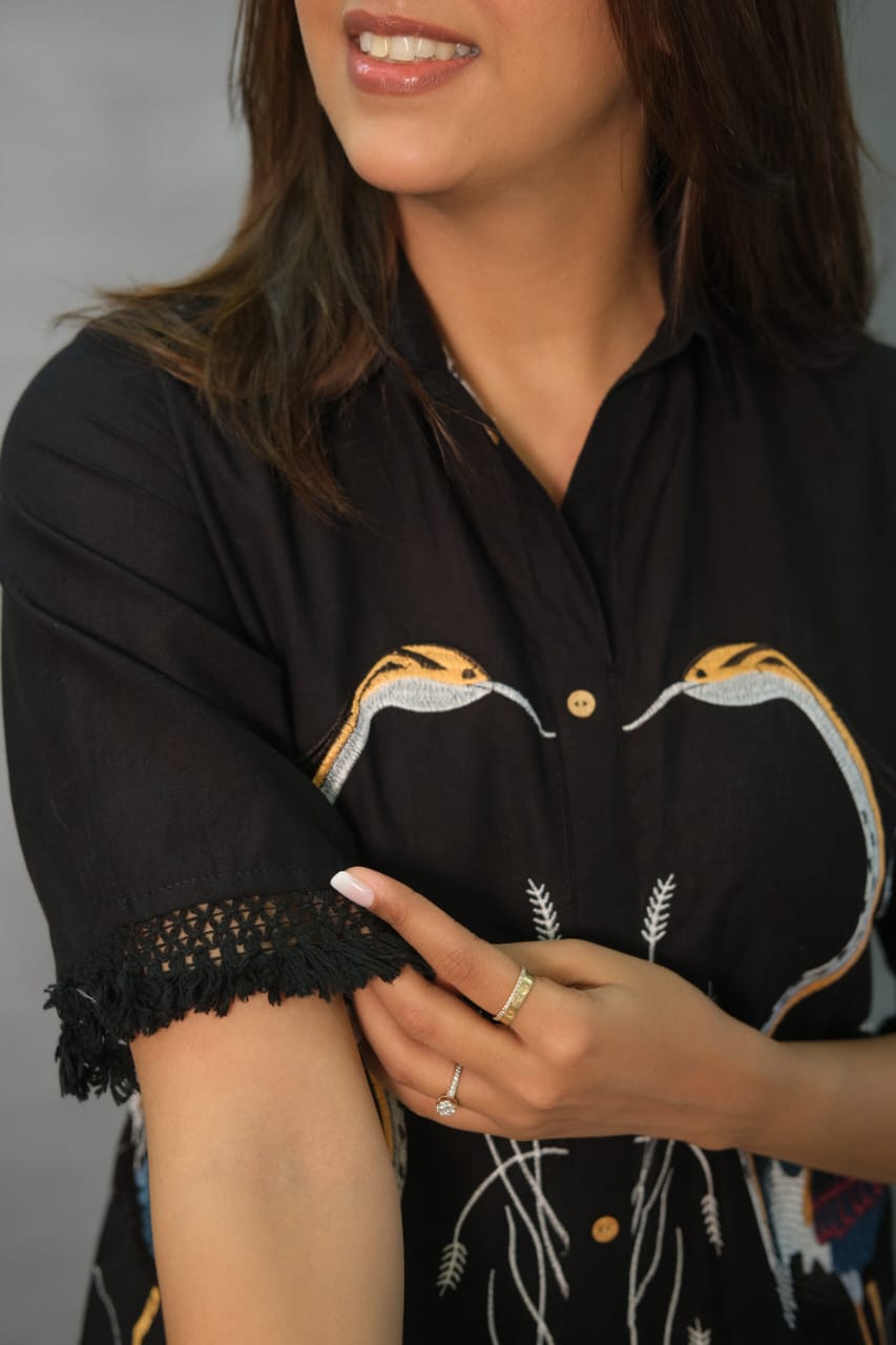 Premium Black Embroidered Cotton Top with Pants