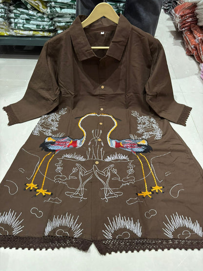 Premium Mocha Embroidered Cotton Top with Pants