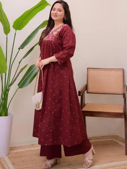Maroon Muse Thread Embroidered Pure Cotton Kurta Set