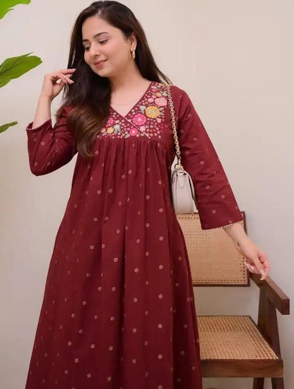 Maroon Muse Thread Embroidered Pure Cotton Kurta Set
