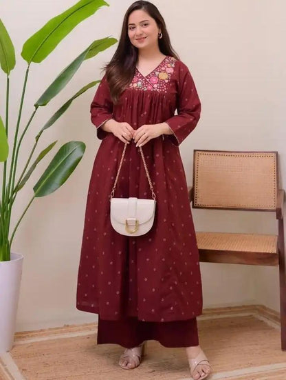Maroon Muse Thread Embroidered Pure Cotton Kurta Set