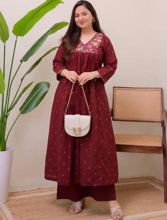 Maroon Muse Thread Embroidered Pure Cotton Kurta Set