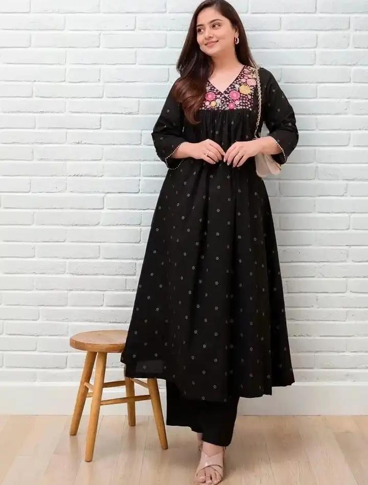 Black Current Thread Embroidered Pure Cotton Kurta Set