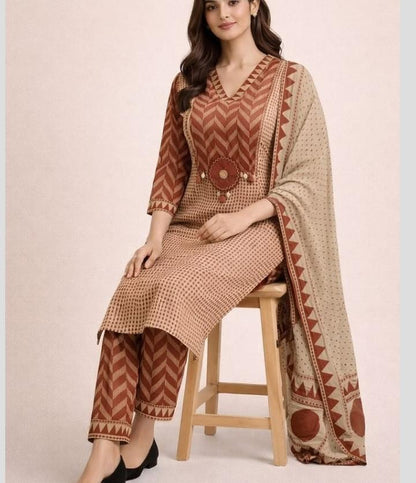 Beige Rust A-Line kurta with dupatta set