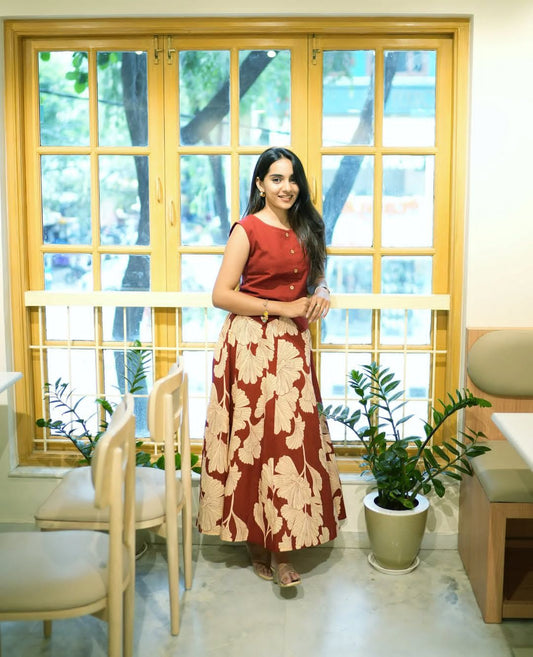 Women's Maroon Cotton Top with Floral Long Skirt