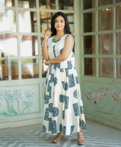 Women's White Cotton Top with Floral Long Skirt