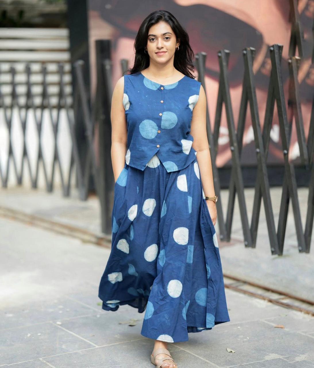Women's Blue Cotton Top with Floral Long Skirt