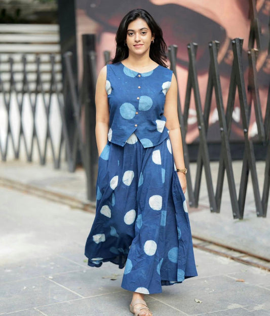 Women's Blue Cotton Top with Floral Long Skirt