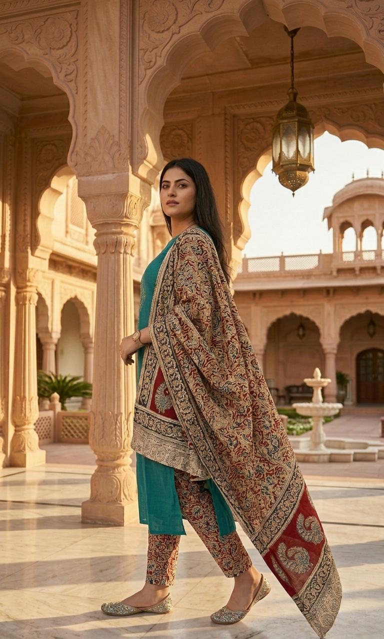 Persian Green Embroidered Cotton Suit with Dupatta