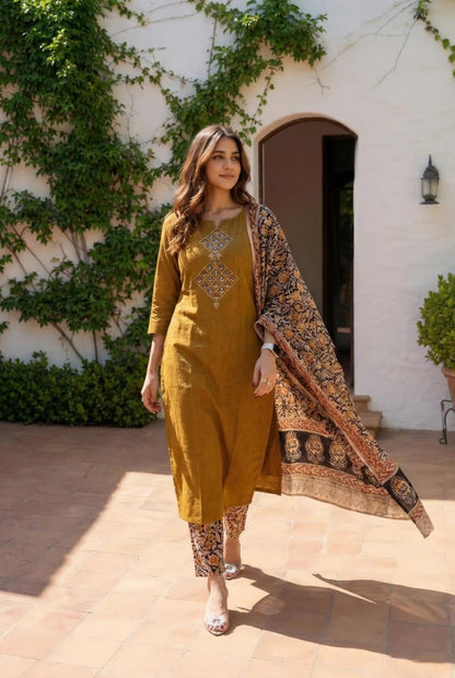 Women's Mustard Embroidered Cotton Kurta with Dupatta set