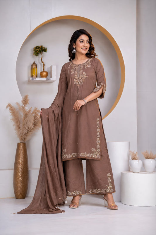Pastel Brown Cotton Embroidered Kurta set with Dupatta