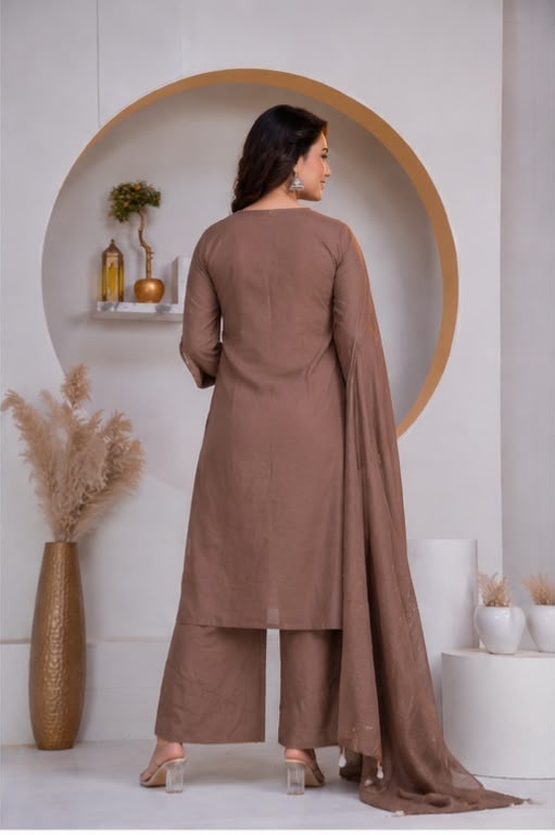 Pastel Brown Cotton Embroidered Kurta set with Dupatta