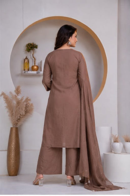 Pastel Brown Cotton Embroidered Kurta set with Dupatta
