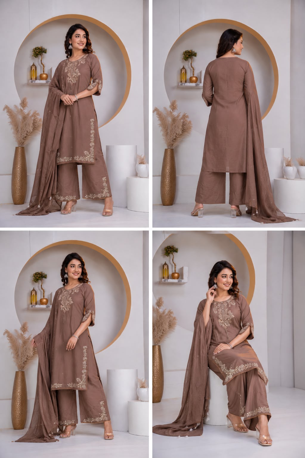 Pastel Brown Cotton Embroidered Kurta set with Dupatta