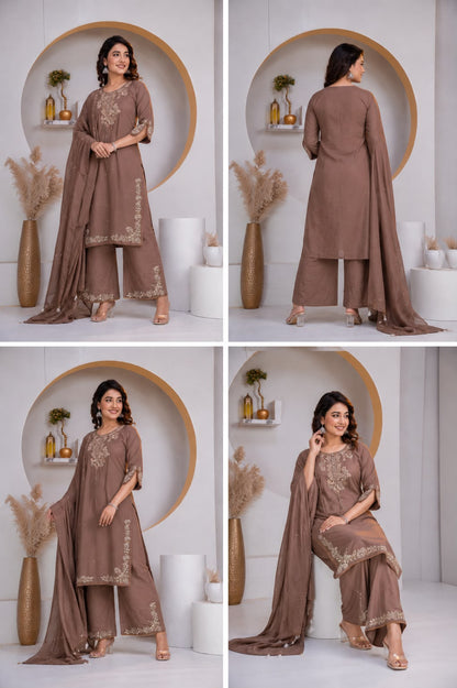 Pastel Brown Cotton Embroidered Kurta set with Dupatta
