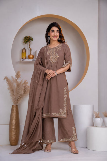 Pastel Brown Cotton Embroidered Kurta set with Dupatta