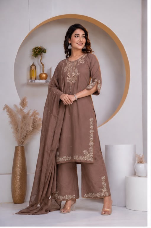 Pastel Brown Cotton Embroidered Kurta set with Dupatta