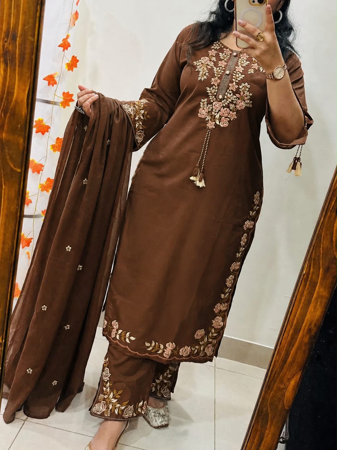 Premium Brown Embroidered cotton kurta set with dupatta