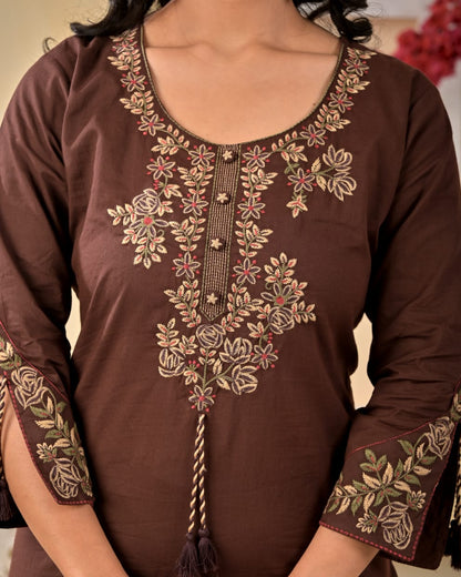 Premium Brown Embroidered cotton kurta set with dupatta
