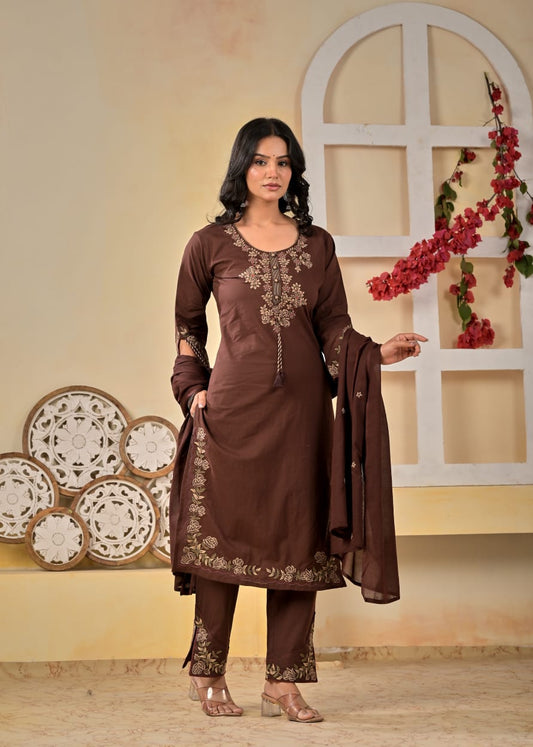 Premium Brown Embroidered cotton kurta set with dupatta
