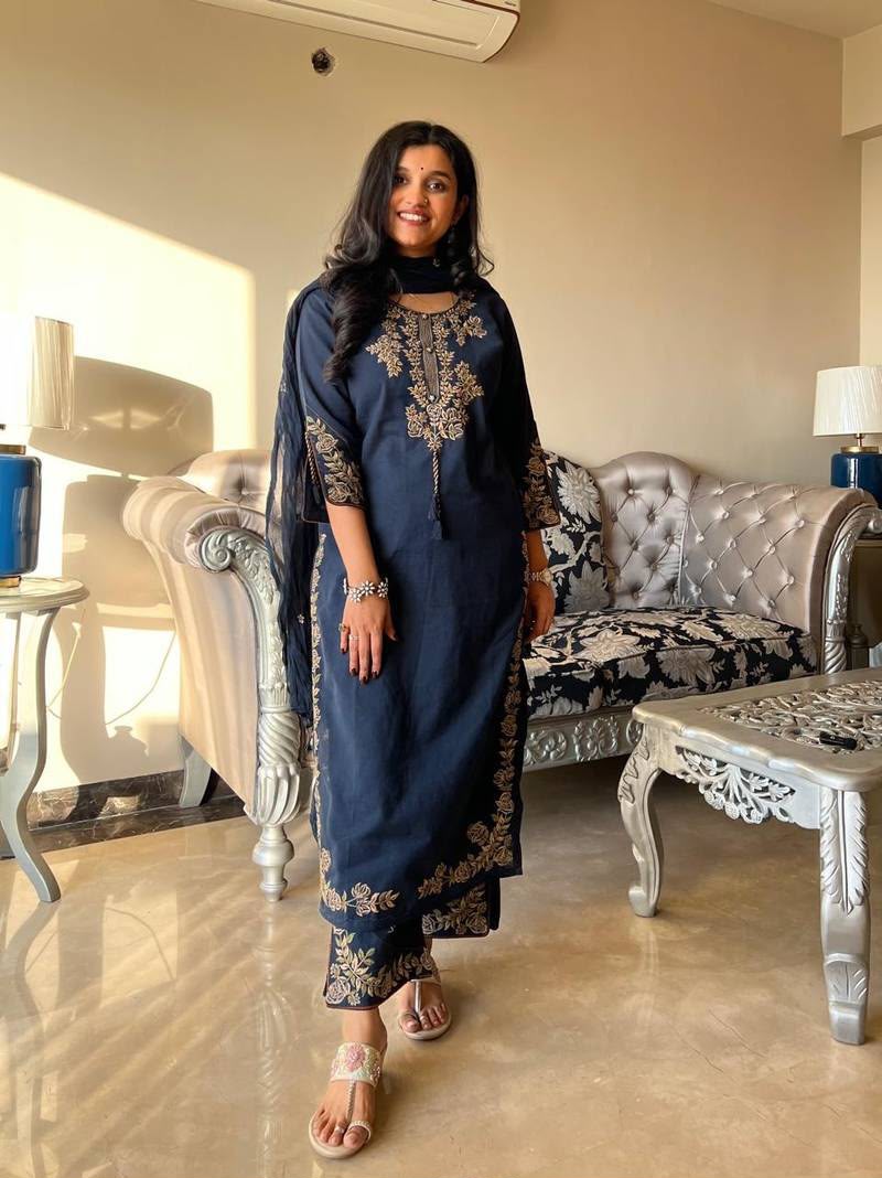 Royal Blue Cotton Embroidered kurta set with dupatta