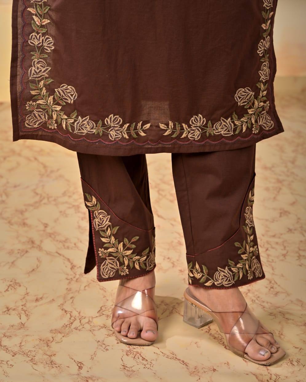Premium Brown Embroidered cotton kurta set with dupatta