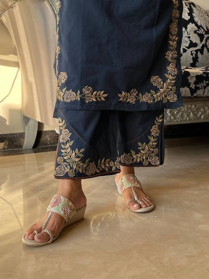Royal Blue Cotton Embroidered kurta set with dupatta