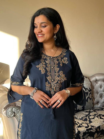 Royal Blue Cotton Embroidered kurta set with dupatta