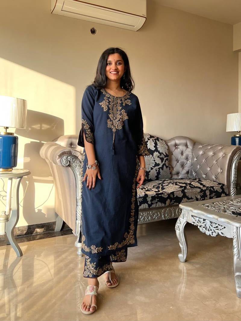 Royal Blue Cotton Embroidered kurta set with dupatta