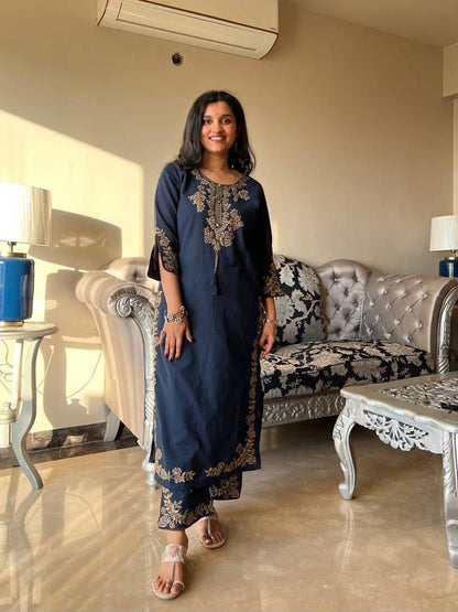 Royal Blue Cotton Embroidered kurta set with dupatta