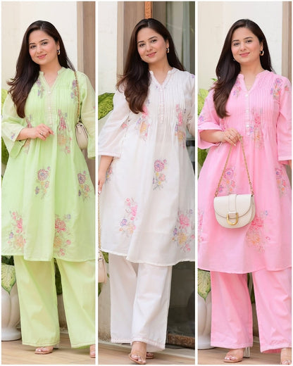 Pastel green cotton kurta set with pants