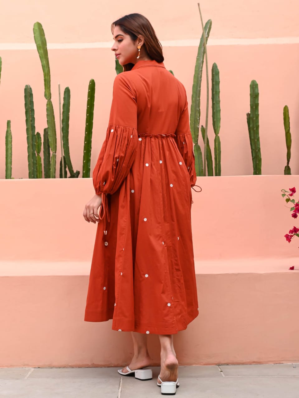 Summer Orange Flared Cotton Midi Dress