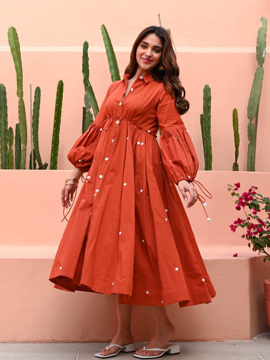 Summer Orange Flared Cotton Midi Dress
