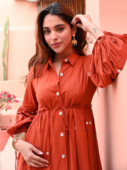 Summer Orange Flared Cotton Midi Dress