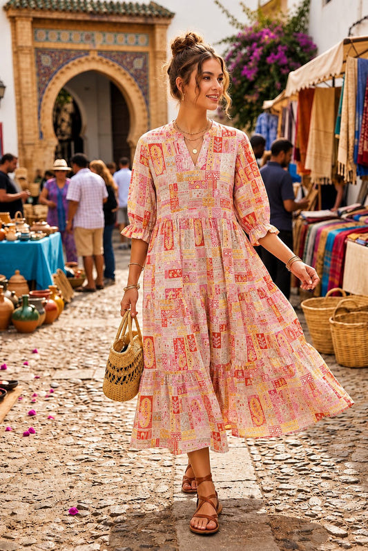 Pink Multicolour Geometric Printed Tiered Midi Dress